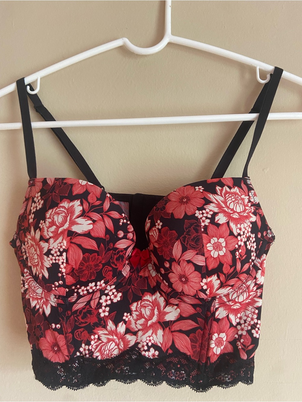 Adore Me Black Bustier Crop Top with Red Floral Print
